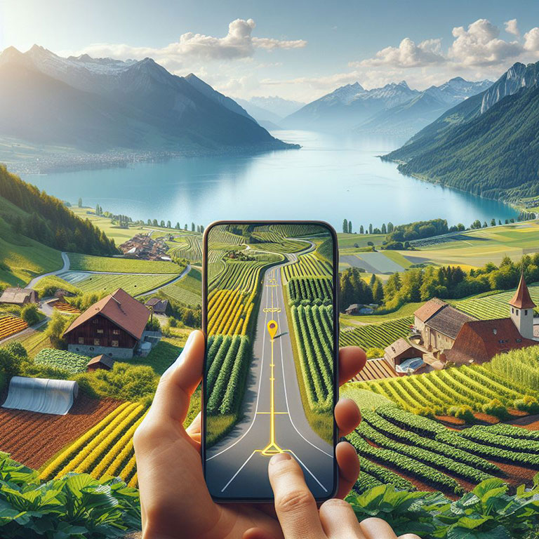 Smartphone affichant l'itinéraire Google Maps vers un point de vente à la campagne