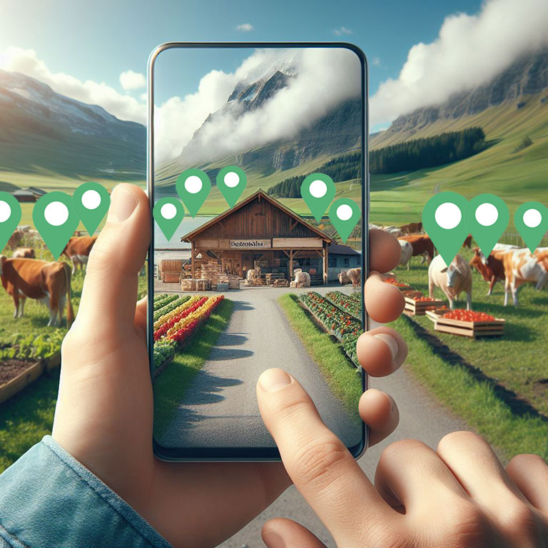 Smartphone géolocalisant une ferme suisse et les points de vente de producteurs à proximité