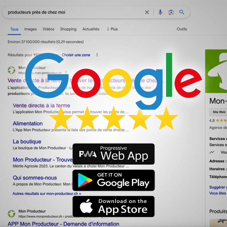 Résultats de recherche Google plaçant Mon Producteur en tête pour « producteurs près de chez moi »