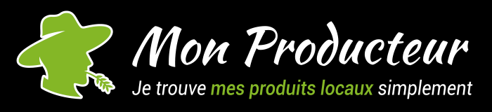 Logo Mon Producteur, horizontale Version, weiss und grün auf schwarzem Hintergrund (700 × 160 px)